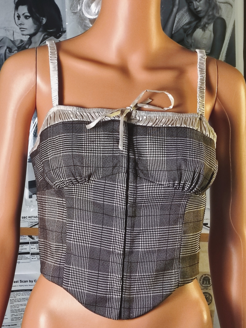 Windsor Brown Plaid Cropped Bustier Women’s S Cream Tie Academia Corset Top